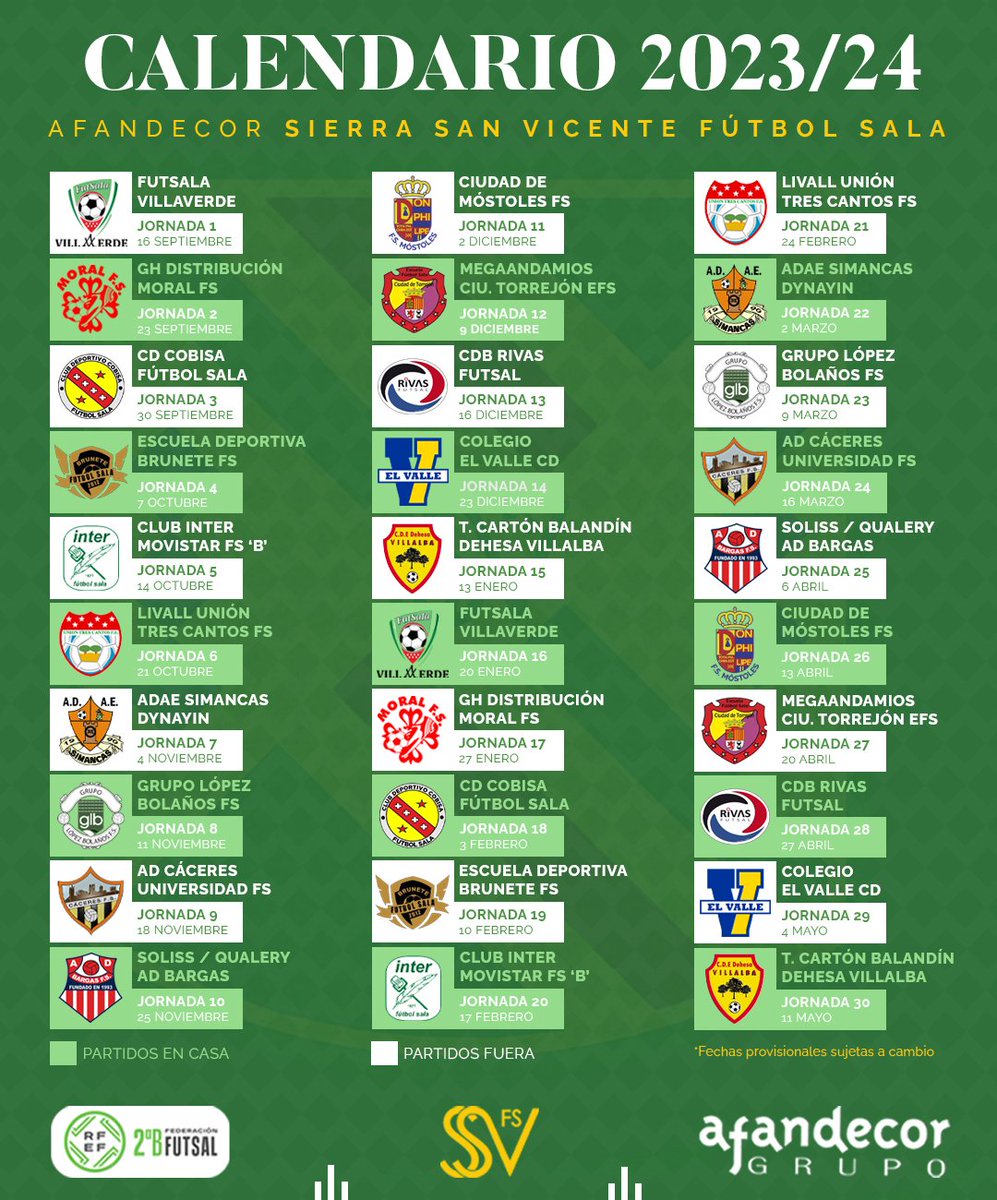 🗂 ¡Guarda esta imagen en tu galería!

👀 Todos los partidos del #Sénior en lo que será su primera aventura en 2ªB Federación Futsal.

#SubirJuntos💚