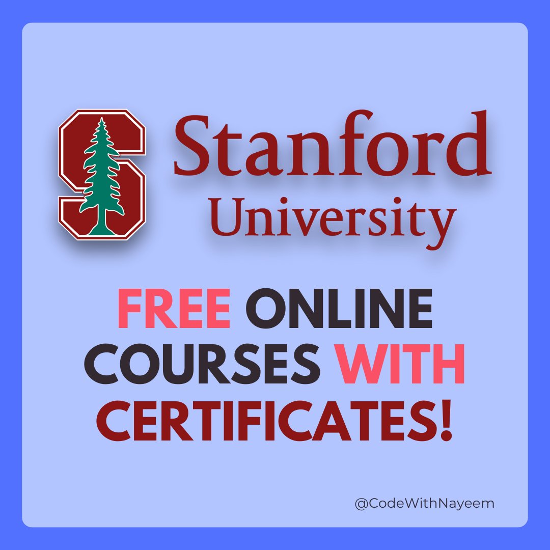 HeyNayeem's tweet photo. Stanford University is offering free online courses.

NO Payment Required!

Here are 10 FREE courses you will regret not taking in 2023 ⬇️

[Bookmark for future 🔖]

1. Database and SQL

Stanford's online offering in Databases is now available as a set of five self-paced courses.

→ Relational Databases and SQL
→ Advanced Topics in SQL
→ OLAP and Recursion
→ Modeling and Theory
→ Semistructured Data

https://t.co/Q5NCndX2c1

2. Designing Your Career

You’ll learn:

→ How to break into a new field of interest
→ New ways to understand and approach networking
→ A new angle on pursuing professional opportunities

https://t.co/FkDhqwa9fR

3. Introduction to Python Programming

Learn to solve practical problems with Python.

You'll learn the fundamentals of the Python programming language, along with programming best practices.

https://t.co/eQLIJNIu36

4. Introduction to Machine Learning Course

Machine Learning is a first-class ticket to the most exciting careers in data analysis today.

This is a class that will teach you the end-to-end process of investigating data through a machine learning lens.

https://t.co/Irg05uQNtr

5. Intro to Artificial Intelligence

You’ll learn the basics of modern AI as well as some of the representative applications of AI.

https://t.co/S2OVP8DQWu

6. Artificial Intelligence for Robotics

Programming a Robotic Car.

Learn how to program all the major systems of a robotic car from the leader of Google and Stanford's autonomous driving teams.

https://t.co/TpB1V8WiAK

7. Computer Science 101

Introduction to Computer Science for a zero-prior-experience audience.

Play with little phrases of code to understand what computers are all about.

https://t.co/ZLkRlJkU5a

8. R Programming Fundamentals

R is widely used by data analysts, statisticians, and data scientists around the world.

This course covers an introduction to R, from installation to basic statistical functions.

https://t.co/pkNaSQU9f6

9. Max MSP Programming Course

Max is a powerful platform that accommodates and connects a wide variety of tools for sound, graphics, and music.

Max allows most computer users to write a simple, meaningful program within a few minutes.

https://t.co/OMrROfsq3x

10. Statistical Learning

Learn some of the main tools used in statistical modeling and data science.

You’ll learn:

→ Overview of statistical learning
→ Linear regression
→ Classification
→ Resampling methods

https://t.co/tAqOEWHhCD

Was it helpful?

→ Let me know by commenting below
→ Bookmark it for future reference
→ Follow me @CodeWithNayeem