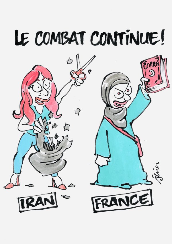 Aux idiots inutiles et collabos de salons qui, ne risquant rien en France en défendant des accoutrements islamistes, crachent sans vergogne à la figure des iraniennes qui risquent tout pour leur liberté : #ToujoursCharlie ✊🏾