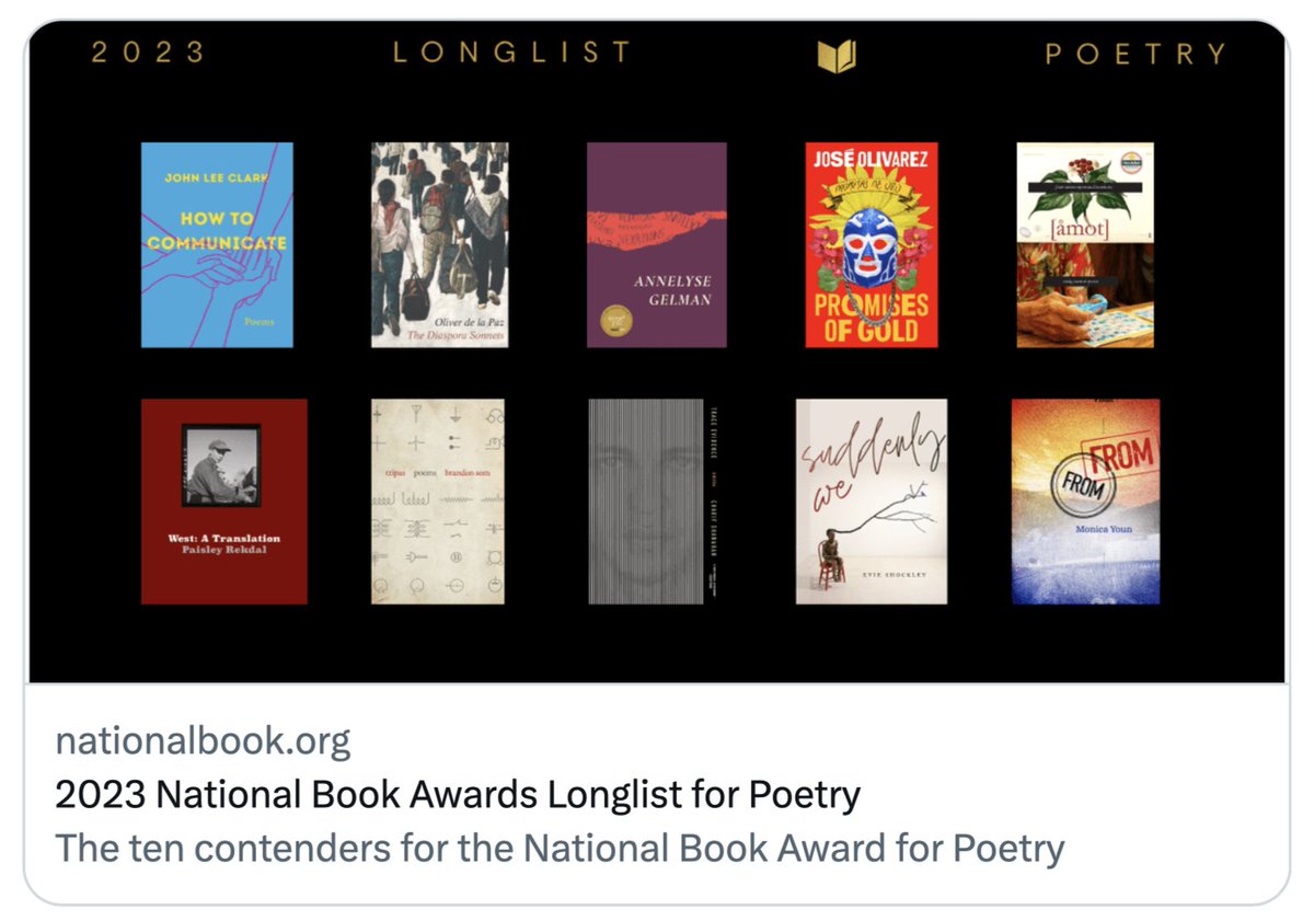 wow im thrilled to share that my new poetry book, from unincorporated territory [åmot] has been named to the longlist for the National Book Award! grateful to the judges & my publisher Omnidawn, and so happy for all the amazing authors on this list! nationalbook.org/2023-national-…
