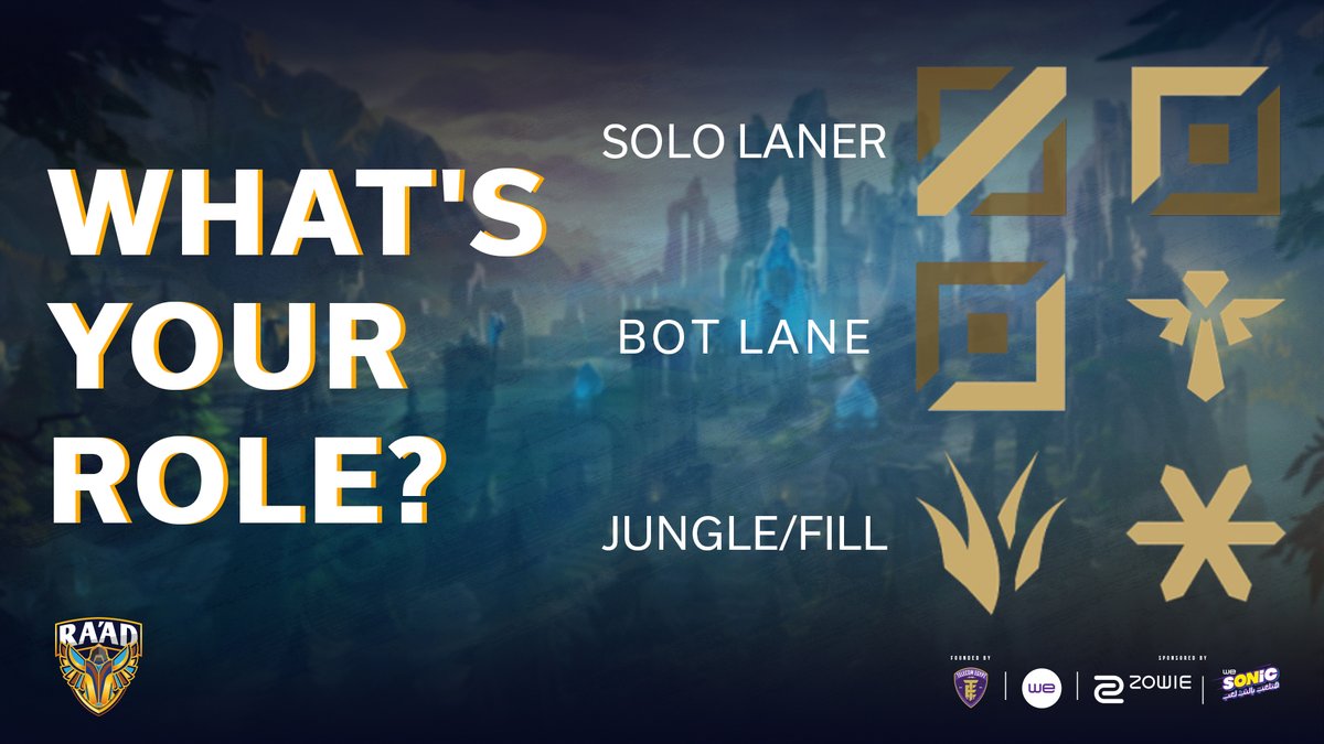 TEAMRAAD's tweet photo. What’s your main Role in League? 👀
#TEAMRAAD #WE
#LEIP23 #ArabianLeagueLoL https://t.co/eWU0SWfc1w