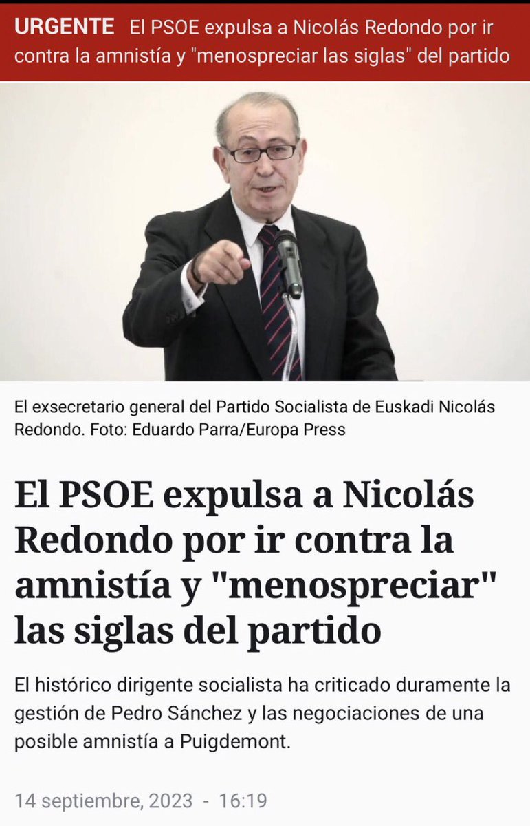 LeaAlMono7's tweet image. Expulsando a Nicolás Redondo y a otros que, como él, defendieron la libertad será otra cosa pero no puede continuar llamándose #PSOE.

#SánchezDimisión