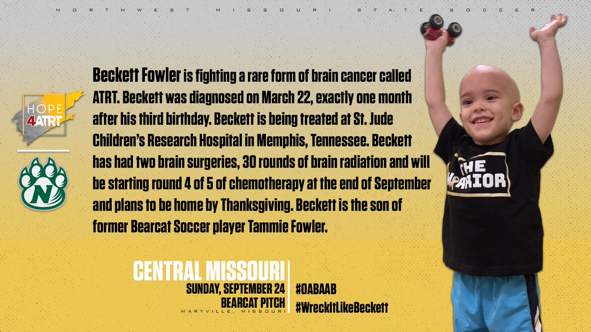 Mark your calendars for the first ever gold out #wreckitlikebeckett awareness game for Childhood Cancer Awareness Month! Come show your support September 24th when we take on Central Missouri #oabaab💚🐻🐱 #onemore #respectthepaw #atrt