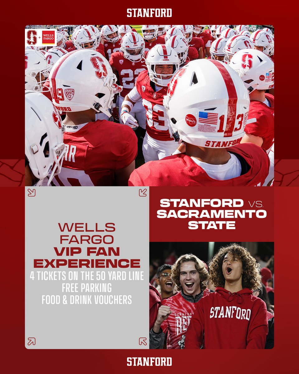 GoStanford's tweet photo. 🚨 HOME OPENER GIVEAWAY 🚨 

Enter to win a VIP Fan Experience to Saturday's @StanfordFball matchup with Sac State, presented by @WellsFargo!  

Like + RT to enter! 🙌 https://t.co/pxBQr7oDXR