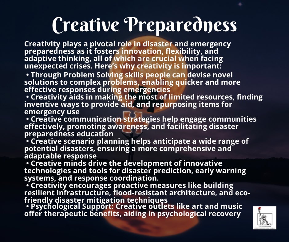 Everyone can be #Creative, but we differ in our #Creativity.

In an Emergency or #Disaster, no matter your #EmergencyPlan, you’ll have to #Adapt & be creative to #Overcome #Challenges.

#LiveCreativeDay
#EmergencyPreparedness 
#DisasterPreparedness
#NationalPreparednessMonth