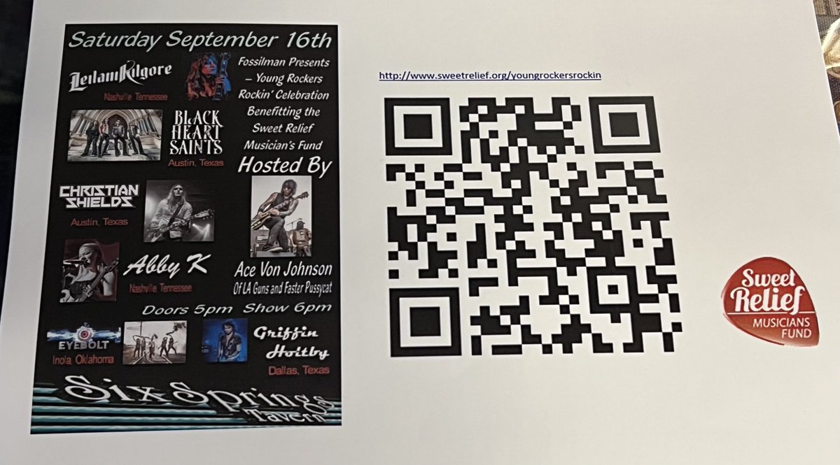 Almost time! Saturday night. Six Springs Tavern. Richardson, TX. Celebration of rock benefitting ⁦<a href="/SweetRelief/">Sweet Relief Musicians Fund</a>⁩ Gonna be fire! ⁦⁦<a href="/acevonjohnson/">🏴‍☠️</a>⁩ ⁦<a href="/LeilaniKilgore/">𝐋𝐄𝐈𝐋𝐀𝐍𝐈 𝐊𝐈𝐋𝐆𝐎𝐑𝐄</a>⁩ ⁦⁦<a href="/BlackHeartSts/">Black Heart Saints</a>⁩ ⁦<a href="/abbykrocks/">Abby K</a>⁩ ⁦@ChrisShields23⁩ ⁦<a href="/TheHookRocks/">TheHookRocks!</a>⁩