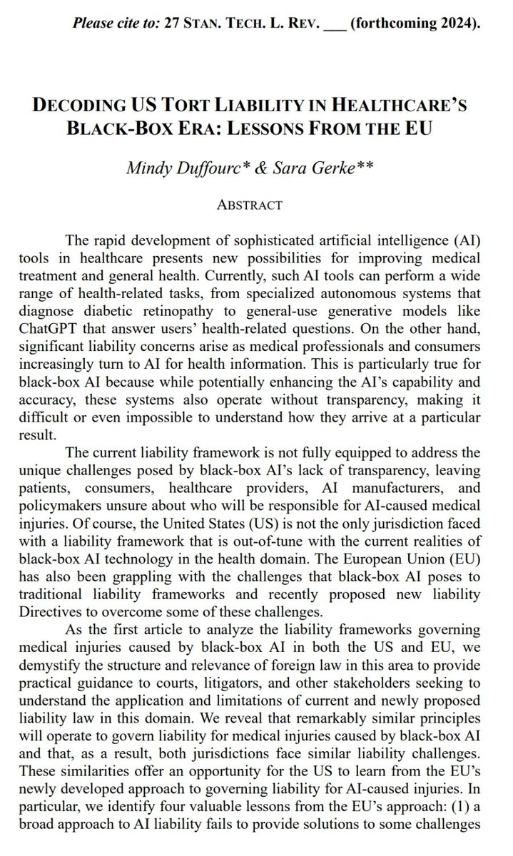 A new article with @gerke_sara is forthcoming in the Stanford Technology Law Review! Take a gander at the pre-pub draft here and send us your comments! papers.ssrn.com/sol3/papers.cf…

#lawtwitter #healthlaw #ailiability #tortlaw #legalscholarship