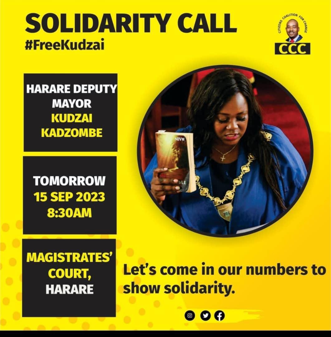 Let's all stand in solidarity with our deputy mayor, Kudzai Kadzombe, tomorrow at 08:30. The oppressor must be made to understand that the rest of Zimbabwe is watching and standing with their leaders. Resistance is the language of the oppressed. Be the resistance! #PeoplePower