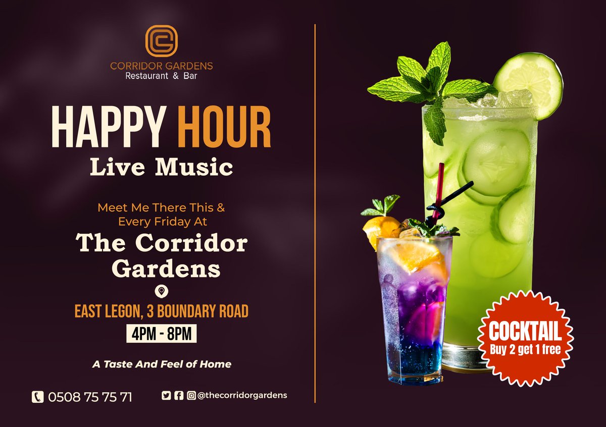 Adjoa_Dora's tweet photo. 📍THE CORRIDOR GARDENS RESTAURANT &amp; BAR @ east legon, 3 boundary road. Open MON-SUN 10AM - 10PM

• HAPPY HOUR (FRIDAYS, buy 2 cocktails get 1 free)

•SUNDAYS (all you can eat buffet ¢200 per person) 
https://t.co/r2gdo9fQdG… https://t.co/5KgW3pcsHy