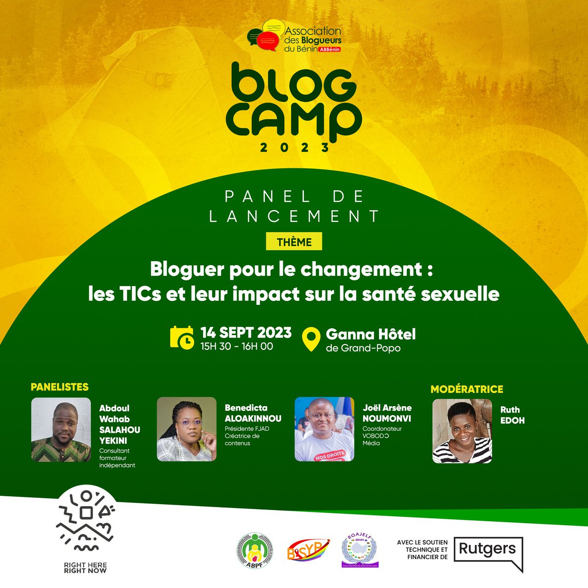 ab_benin's tweet photo. Après un panel sur le thème central du Blog Camp, intitulé "Bloguer pour le changement : les TICs et leur impact sur la santé sexuelle", Madame Hermine GABA, représentante du Directeur Départemental de la santé du Mono, a procédé au lancement officiel du Blog Camp 2023. Elle a reconnu l'importance de l'éducation sexuelle dans l'épanouissement et le développement de la jeunesse et s'est dite engagée.

Notre panel de discussion a accueilli @SalahouYekini, consultant formateur indépendant, @AloakinnouB, Présidente @FjadLe et créatrice de contenu puis @jnoumonvii, coordonnateur de @vobodomedia. Ce riche panel a été modéré par @ruth0_edoh.

#blogcamp2023
#bloggingforchange