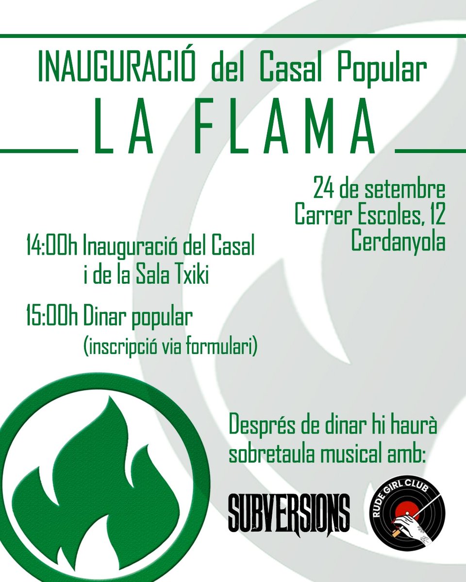 LaFlamaCasal's tweet photo. 🔥 INAUGUREM LA FLAMA 🔥

El diumenge 24 de setembre, el Casal Popular La Flama de Cerdanyola per fi serà una realitat. I li donarem la benvinguda com cal: amb un bon àpat i bona música!

A les 14:00 inaugurarem el Casal i la sala Txiki -en homenatge al recordat lluitador https://t.co/CNcjjy9uRQ