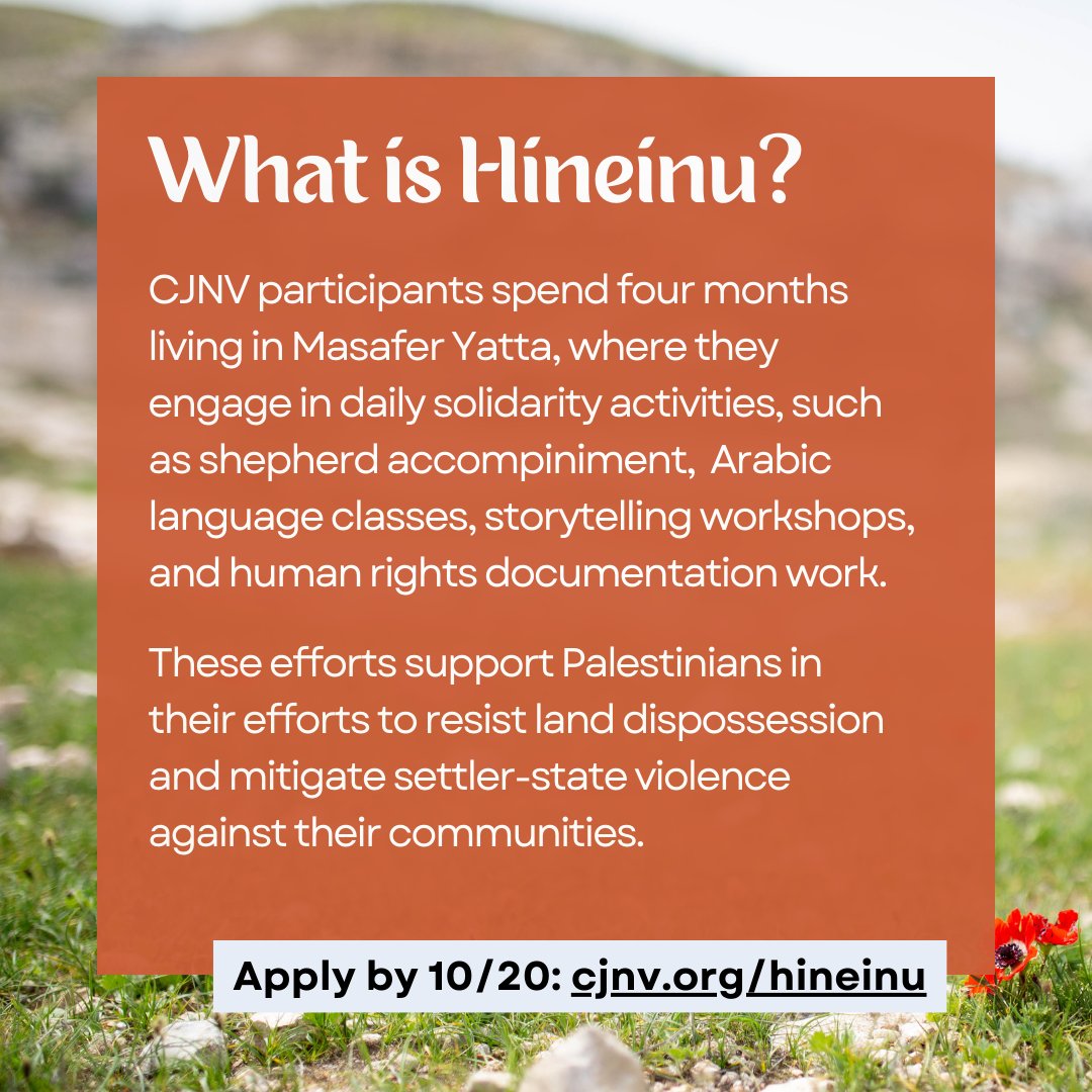 📢Apply today <a href="/CJNVtweets/">CJNV (Follow us on Bluesky)</a> is bringing 6 to 8 Jewish justice-seekers to spend four months in Masafer Yatta engaging in daily solidarity activities, accompaniment and human rights documentation.  cjnv.org/hineinu/