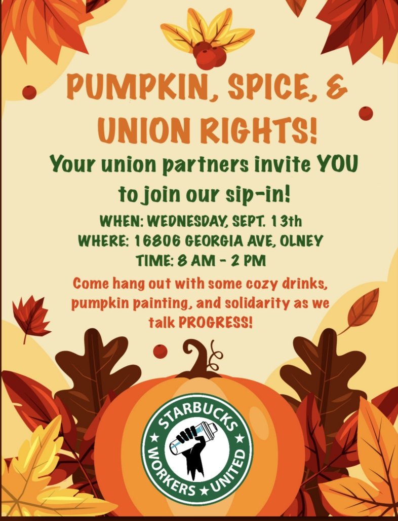 WorkersUnitedMA's tweet photo. It's always good to talk about Union Rights over Pumpkin Spice with @MoCoCouncilMD District 7 Member @dawn_luedtke at yesterday's Sip-In! It's good to know that Olney, MD is a Union town!
#sipin #starbucksunion #wumarjb #sbwumarjb #sbwu #wunomatterwhat #1u #unionsforall https://t.co/CKuYoO3kX6