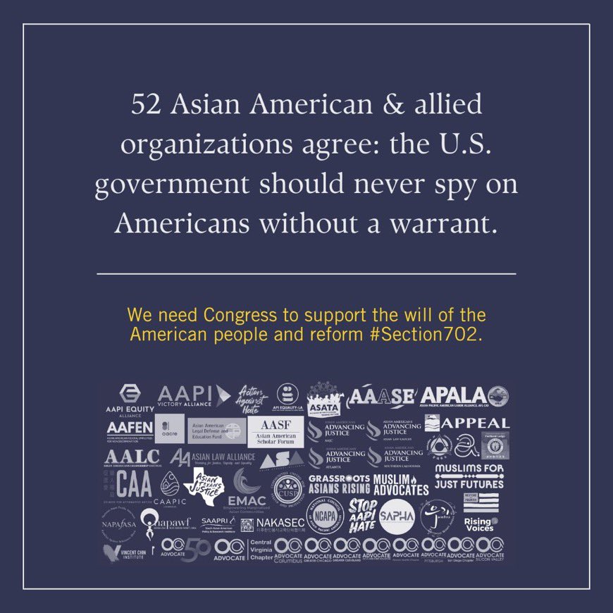 Let’s be clear: the U.S. government should never spy on Americans without a warrant. This is why @AAPIEquity and @StopAAPIHate are joining 50+ organizations in demanding that Congress reform #Section702 and stop warrantless surveillance now. #FixFISA bit.ly/reformsection7…