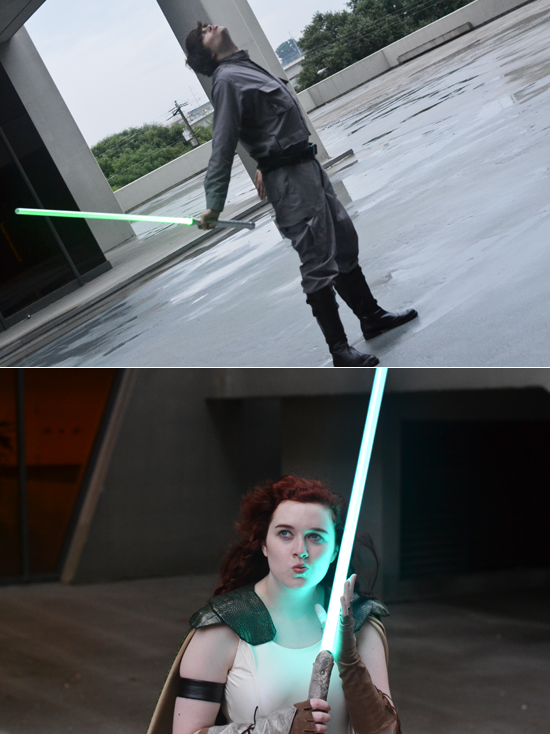 jacentenelka's tweet photo. For every single semi-okay costume shot we get there are 3942843746524 where we're just goofing off (and this is every costume, not just Jacen Solo and Tenel Ka Djo .....the lightsabers help the goofing off though).

We can't help it. D: https://t.co/tpokclBuDA