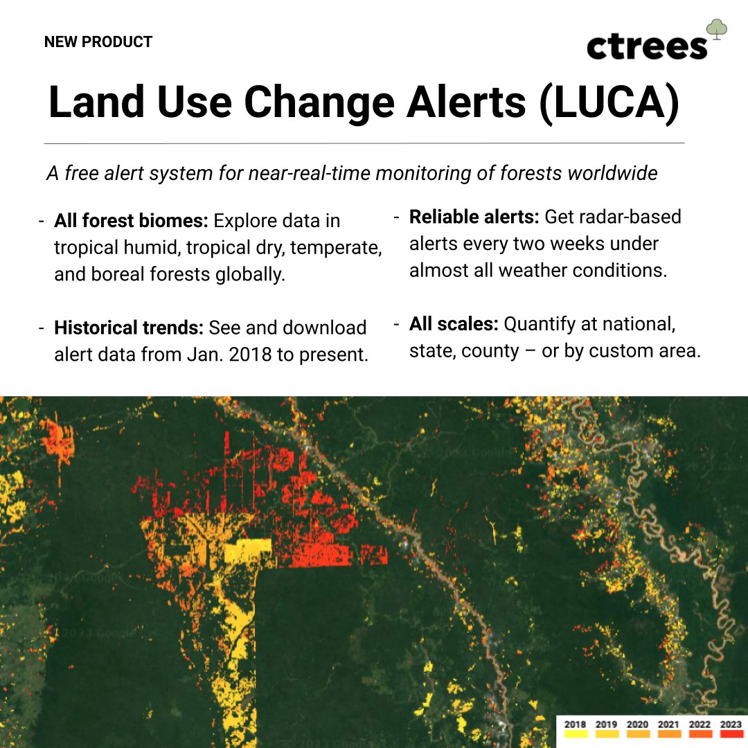 NEWS: CTrees' Land Use Change Alerts (LUCA) is a groundbreaking new system for global forest monitoring. Available for free, LUCA is the world's first global radar-based forest disturbance alert system. 

Release: ctrees.org/news/release-c…
Platform: bit.ly/ctrees-luca