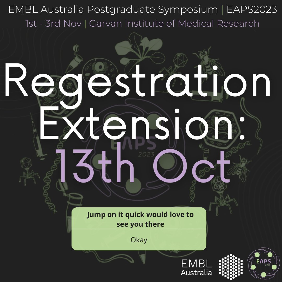 2023 EMBL Australia Postgraduate Symposium (@emblausymposium) on Twitter photo Good news, registrations for #EAPS2023 have been extended!! You've not got until October 13th, but why wait register now at emblphdsymposium.org.au
<a href="/EMBLAustralia/">EMBL Australia</a> Good news, registrations for #EAPS2023 have been extended!! You've not got until October 13th, but why wait register now at emblphdsymposium.org.au
<a href="/EMBLAustralia/">EMBL Australia</a>