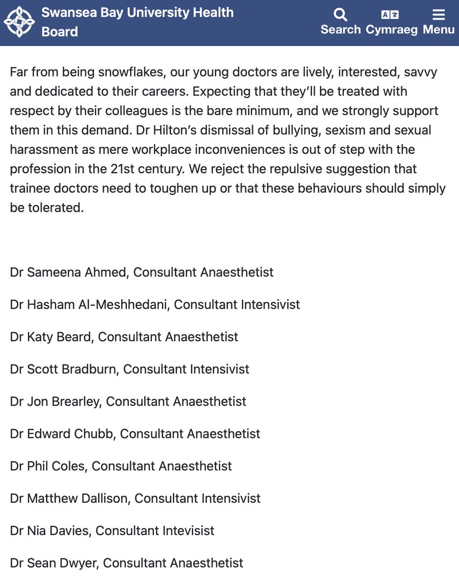 Delighted to see 55 consultant anaesthetists &amp; intensivists from Swansea Bay University Heath Board - some of whom have worked directly with odious misogynist Dr Peter Hilton - condemn him in the strongest terms.

Thank you <a href="/SwanseabayNHS/">Swansea Bay NHS</a> for sharing.

sbuhb.nhs.wales/news/swansea-b…