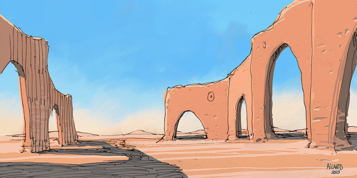 ailantd's tweet image. Little remains of the large room where travelers could take shelter and regain strength. No trace of its luxurious marbles, nor of its fresh water fountains.

Quick afternoon sketch.

#scifiart #conceptart #LostCities