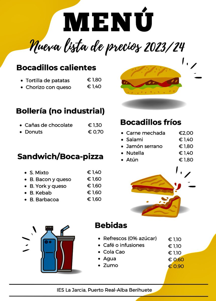 Estas son las ofertas de nuestra cafetería para el curso 2023-24.
¡¡Abierta para el alumnado durante todo el curso!!