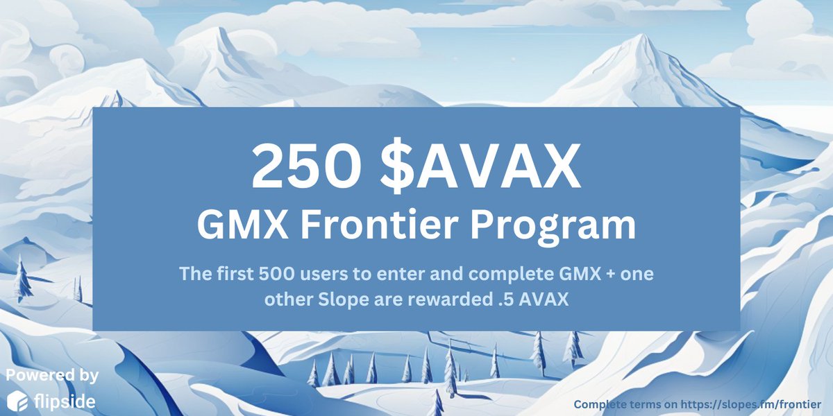 We've launched new slopes!

ICYMI: Slopes is a new experience on <a href="/avax/">Avalanche🔺</a> that rewards you for learning how to use the dapps in the ecosystem.

And this week, we're thrilled to announce <a href="/GMX_IO/">GMX 🫐</a> as the latest place to shred and earn 🏂💰

Deets below 🧵