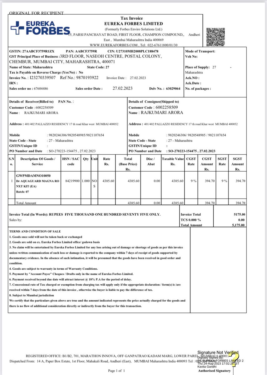 vikramAstudio's tweet photo. @EurekaForbes Hello. 
It’s resolved ! 
But a machine bought in Oct and to change filter within the warranty period ..  and u was charged for it. 
Can you explain ? https://t.co/f2q4EpEHHD