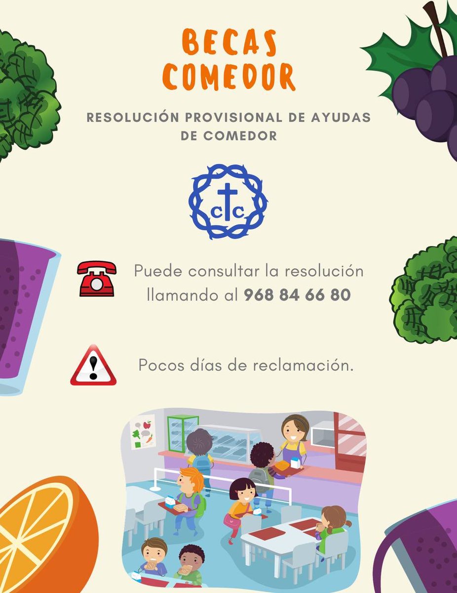 Ya está disponible para su consulta la resolución provisional de ayudas de comedor. 

☎️ Consulta la resolución provisional en el 968 84 66 80.

⚠️ Escaso periodo de reclamación. Infórmate cuanto antes.