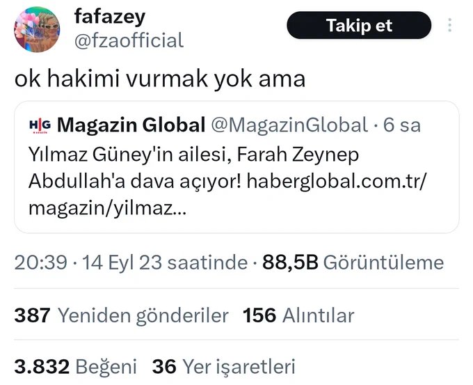 Oyuncu Farah Zeynep Abdullah'tan kendisine dava açan Yılmaz Güney'in ailesine cevap: 

 "Ok hakimi vurmak yok ama"