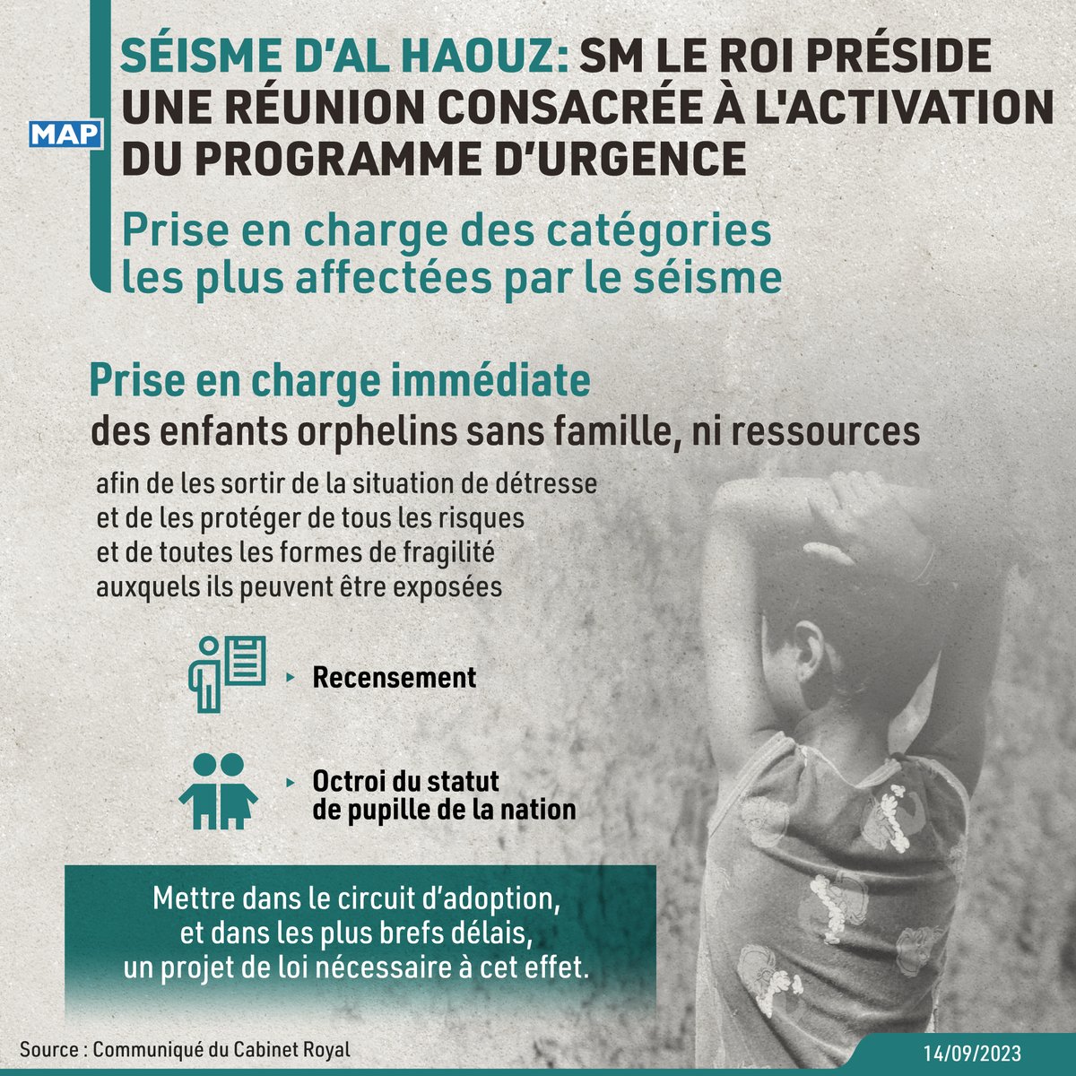 MAP_Information's tweet photo. #MapInfographie 

SM le Roi préside une réunion de travail consacrée à l'activation du programme d’urgence pour le relogement des sinistrés et la prise en charge des catégories les plus affectées par le séisme d’Al Haouz  

https://t.co/KFLmXp4hEd https://t.co/WiukkpepKL