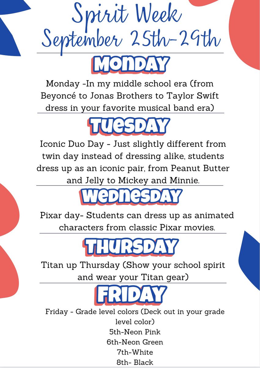 roseparktitans's tweet photo. Spirit week is coming up September 25th-29th! We can’t wait to see your school spirit! Save the date to support our football players at their last home game on September 28th. https://t.co/K16AUECs9s