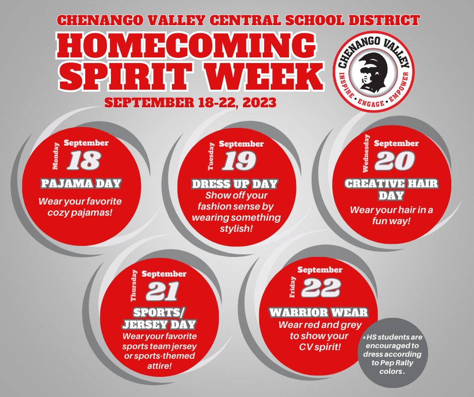 ✨🔴Warriors are invited to participate in the CV Homecoming Spirit Week - September 18-22!🔴✨

Please reach out to your child's school building if you have any questions.