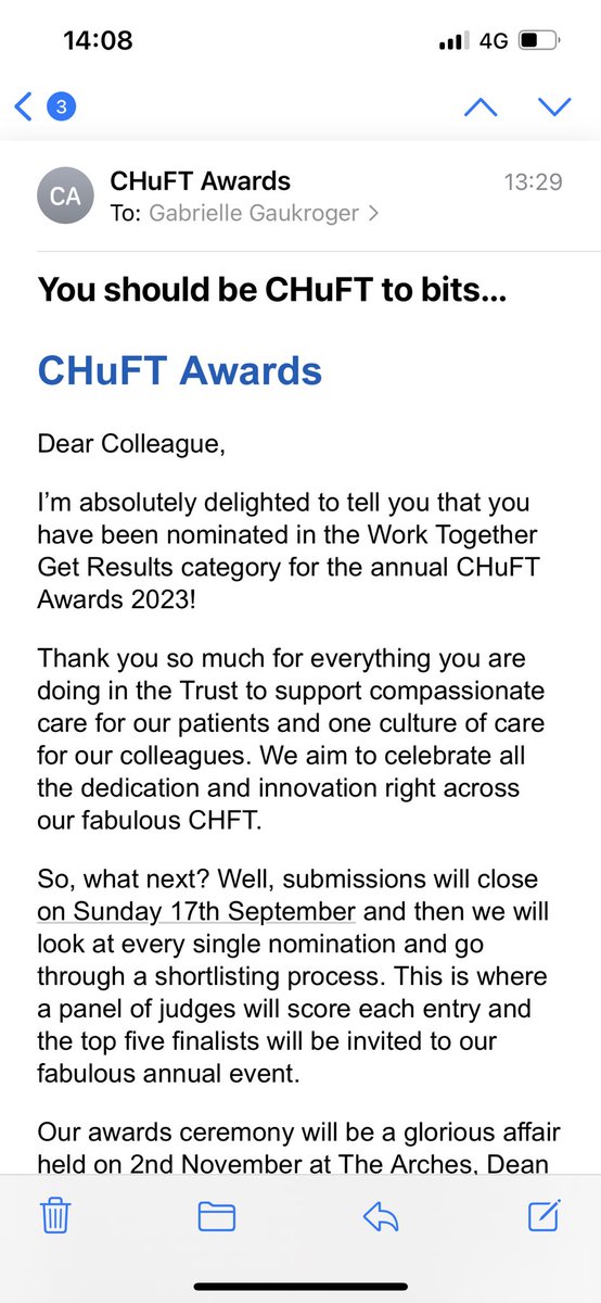 Missgablamb's tweet photo. So grateful to be nominated for ‘putting people first’ category as well as my team being nominated for ‘work together to get results’ category . Super proud of them all and today we received even more amazing feedback about the care we deliver on Ward 18 #chft #CHuft https://t.co/fsIn4wmr9U