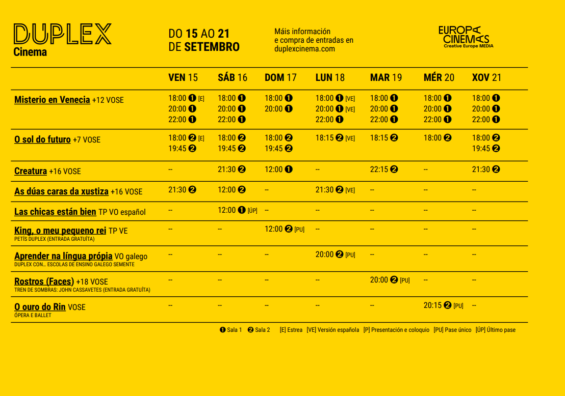 duplex_cinema's tweet photo. 💥 Carteleira renovada!

🎬ESTREAS:
-MISTERIO EN VENECIA 
-O SOL DO FUTURO 

🎬PASES ÚNICOS:
-KING, O MEU PEQUENO REI 
-APRENDER NA LÍNGUA PRÓPIA
-ROSTROS (FACES)
-O OURO DO RIN 

🎟️Máis información e entradas: https://t.co/C595ti0BWi

#duplexcinema #duplexferrol #ferrolmola https://t.co/ACg2VfWEIC