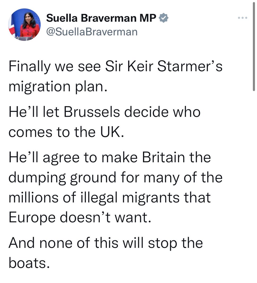 This is as obnoxious as it gets. The Home Secretary here outright lying about Starmer’s plan to start fixing the abhorrent mess she and the Tories have made of immigration and asylum. And not just lying, but snarling, vilifying, dog-whistling. Fascistic and foul.