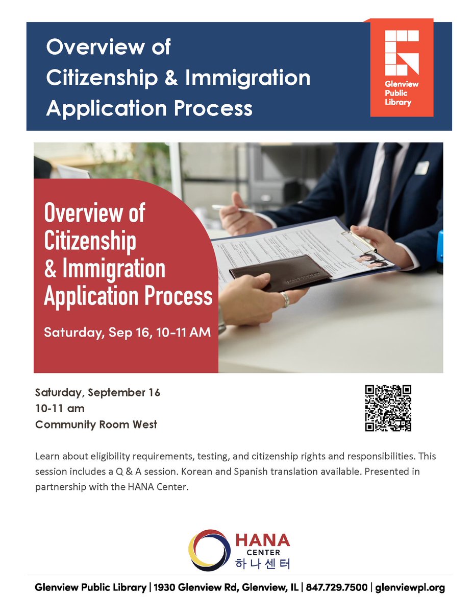 NorthfieldTWPIL's tweet photo. The @GlenPubLib is hosting a program called "Overview of Citizenship &amp; Immigration Application Process" presented by @HANACenter on Saturday, September 16, 10-11 AM.

Korean and Spanish translation will be available. All are welcome and program is free of charge. https://t.co/L1YUp6CJ7q