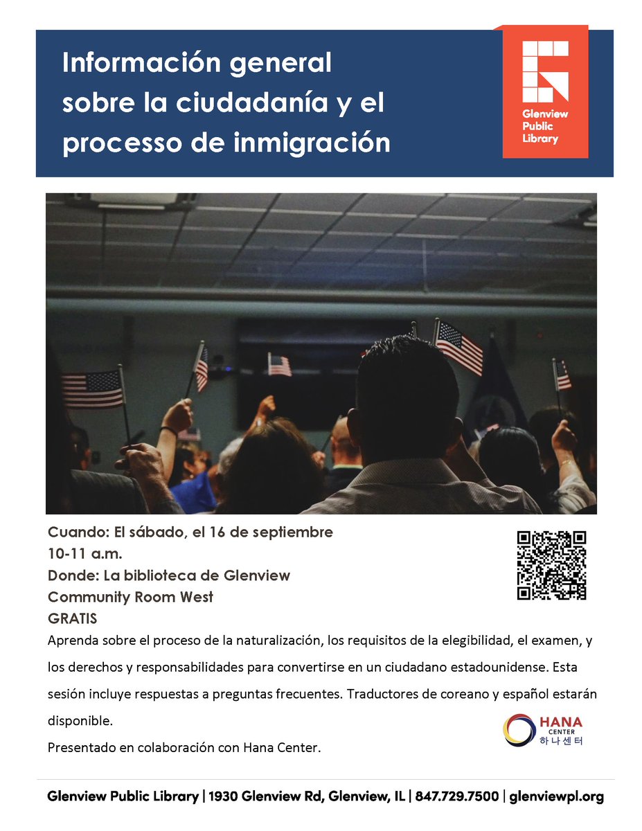 NorthfieldTWPIL's tweet photo. The @GlenPubLib is hosting a program called "Overview of Citizenship &amp; Immigration Application Process" presented by @HANACenter on Saturday, September 16, 10-11 AM.

Korean and Spanish translation will be available. All are welcome and program is free of charge. https://t.co/L1YUp6CJ7q