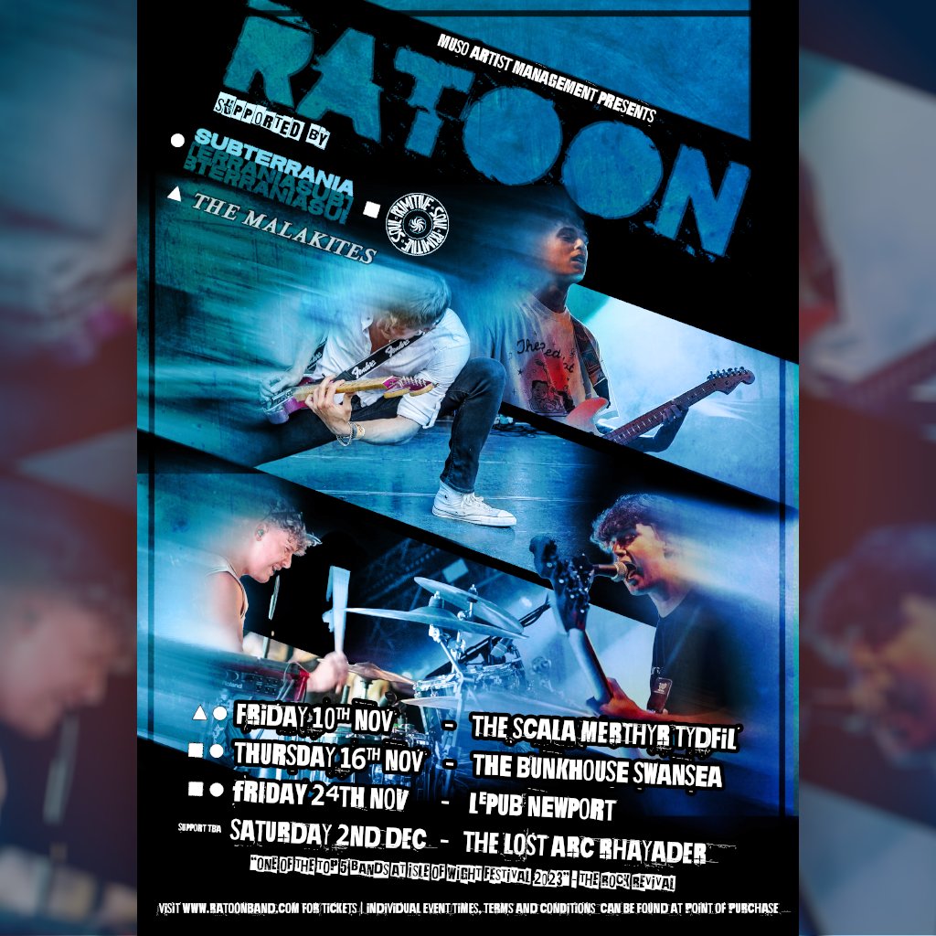 TheBunkhouseSA1's tweet photo. 📅 THU 16 NOV!⇩
Powerhouse indie alt-rock outfit @RatoonBand  headline! 🎸🏴󠁧󠁢󠁷󠁬󠁳󠁿

'A dangerously rebellious sonic concoction of British rock' - CLUNK

+Special guests:
@SubterraniaBand
@PrimitiveSoul

🕕 Doors 18.00
🎟️ £7 ADV

Get tickets ⇨ https://t.co/Q5x4NcqFO5

#Ratoon #Swansea https://t.co/wY3sJYLk5d
