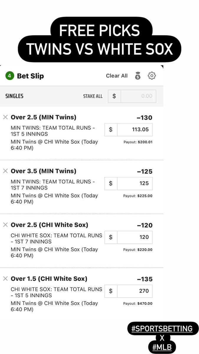 showtimebleu's tweet photo. Free Picks for the Twins vs White Sox game. I feel strongly about the Twins bets so play those straight. I may go 4-0 though. 🤔 
#Sportsbetting #GamblingTwitter #MLB #Twins https://t.co/R8X1sWU22q