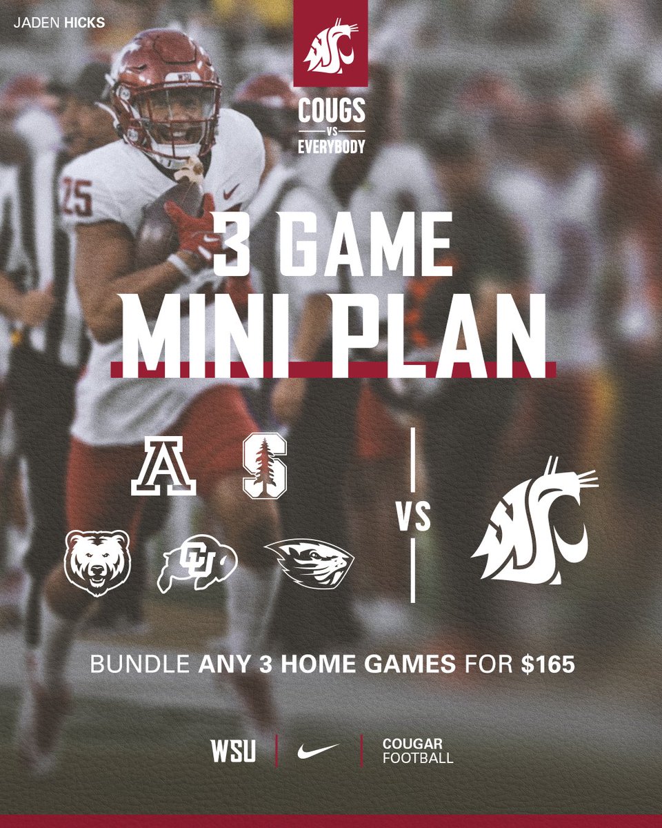 MINI PLAN PACKAGES AVAILABLE❗️

COUGS we need YOU in Pullman the rest of the season! Pick 3 of our remaining home games for just $165 and cheer on your Cougars!

🎟️ wsucougars.evenue.net/cgi-bin/ncomme…

#GoCougs // #CVE23