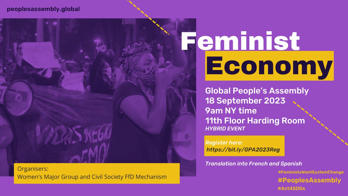 🌍 Join us at the Global #PeoplesAssembly on Sept 18 🗓️ #FeministEconomy

🕘 9-11 AM 🏢 Where: UN Church Center, 11th floor, Hardings Room 🌐 Hybrid Event
Register now at 👉 bit.ly/GPA2023Reg
Don't miss out on this conversation!  #FfD4 #FeministsWantSystemChange