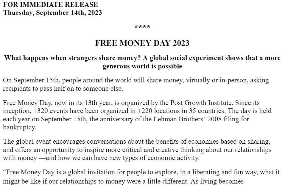 Freemoneyday's tweet photo. 📢PRESS RELEASE: Join the world's most intriguing social experiment. What happens when you share money with strangers and ask them to pass half on? Find out tomorrow. DM for full press release &amp; #share with #media, #news outlets, #writers, and #journalists you know! #freemoneyday https://t.co/7qbupoeaOG