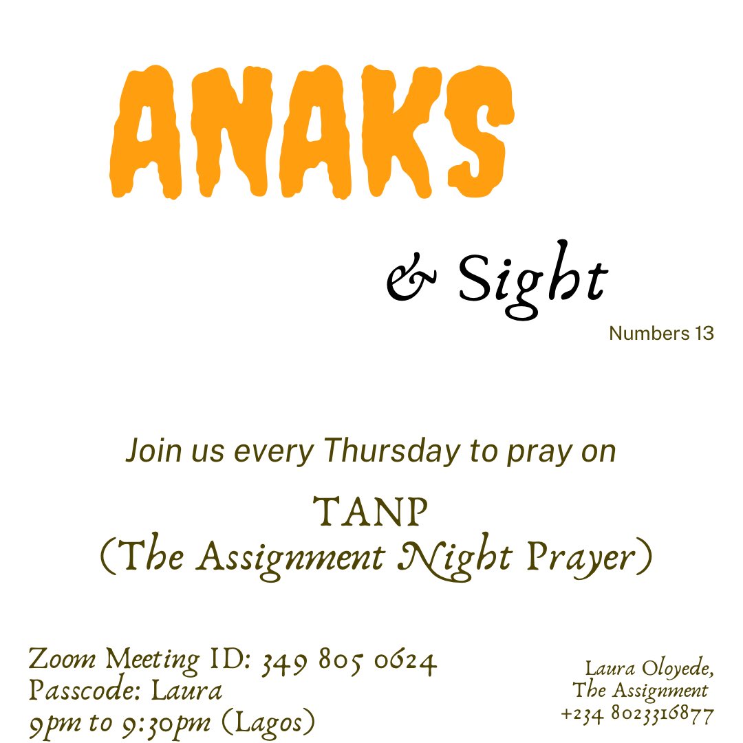 Theassignment50's tweet image. Join TANP Tonight 9pm-9:30pm (Nig Time)               Every Thursday.                 Zoom Coordinates us05web.zoom.us/j/3498050624?p…
 
 Meeting ID: 349 805 0624
 Passcode: Laura