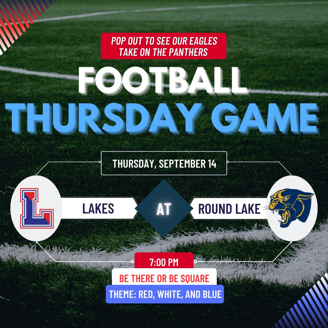 Talon Times (@talontimes) on Twitter photo POP OUT at Round Lake High School to watch your very own Lakes Eagles take on the Panthers at 7PM TONIGHT!!! Theme is USA, let’s pack those stands Eagles!!! <a href="/LakesFootball1/">Lakes Football</a> <a href="/Go_LCHS_Eagles/">Lakes Athletics</a> <a href="/LakesEagles/">LakesEagles</a> POP OUT at Round Lake High School to watch your very own Lakes Eagles take on the Panthers at 7PM TONIGHT!!! Theme is USA, let’s pack those stands Eagles!!! <a href="/LakesFootball1/">Lakes Football</a> <a href="/Go_LCHS_Eagles/">Lakes Athletics</a> <a href="/LakesEagles/">LakesEagles</a>
