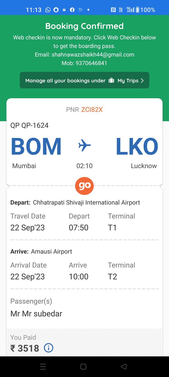 shahnawaz95's tweet photo. Hello @makemytrip @goibibo @AkasaAir, I accidentally booked a ticket for 22/09/2023 instead of the 15/09/2023. My PNR is ZCI82X, Name: Mr. Subedar. I would like to request a refund or reschedule my flight from Mumbai to Lucknow. Please assist me in resolving this issue. Thank you https://t.co/s3q0gnZEZ5