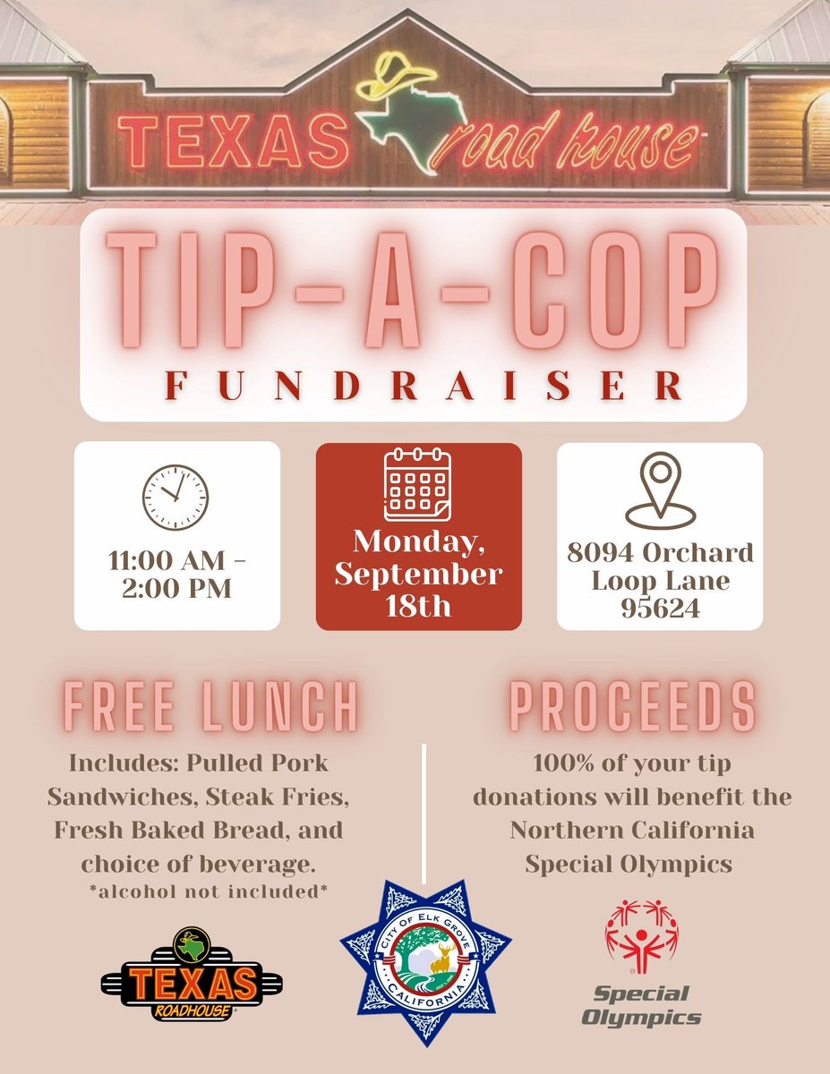 Join us for a delicious cause! Come to Texas Roadhouse on Monday, September 18th, for a FREE lunch! Our awesome EGPD staff are turning into celebrity waiters, and all their 'tips' go straight to <a href="/SONorCal/">Special Olympics NorCal</a> athletes for year-round sports training! Let's enjoy a meal together while