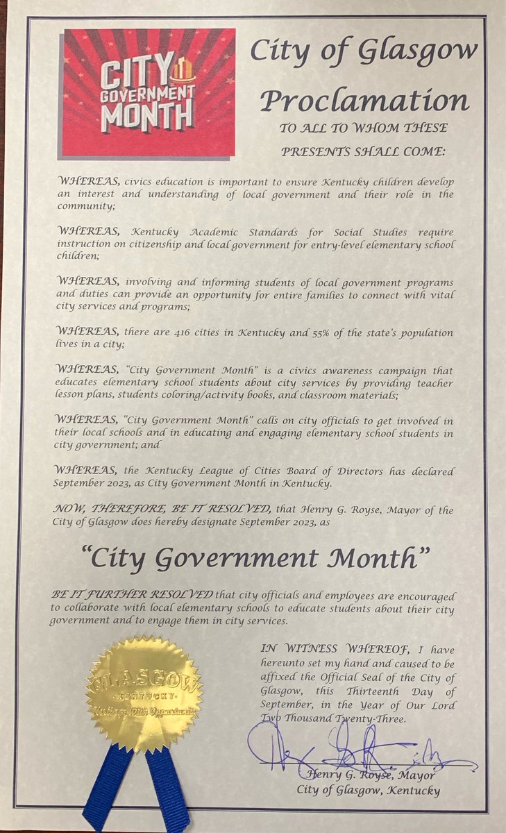 citymonth's tweet photo. The city of Glasgow is the latest to sign a proclamation declaring September City Government Month. Thank you, Mayor Henry Royse and members of the city council for supporting civics education in your community! #citymonth https://t.co/MyaDGDBZzn
