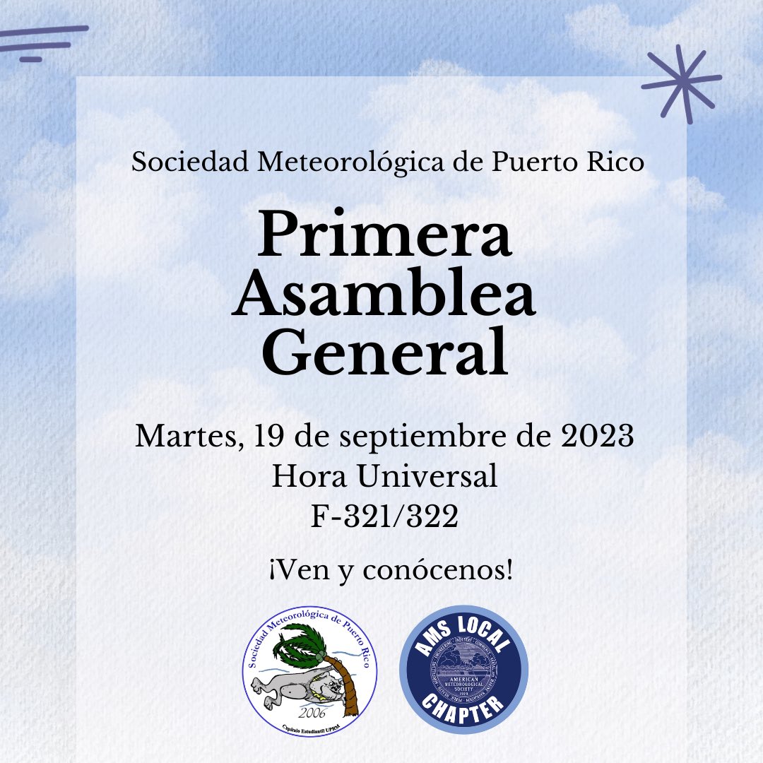 ¿Eres estudiante en UPRM y tienes interés en las Ciencias Atmosféricas y la Meteorología? 

¡Acompáñanos este próximo martes, 19 de septiembre en nuestra primera asamblea general para que conozcas más sobre la SMPR y cómo puedes formar parte de nuestras próximas actividades! 🌦️🌀
