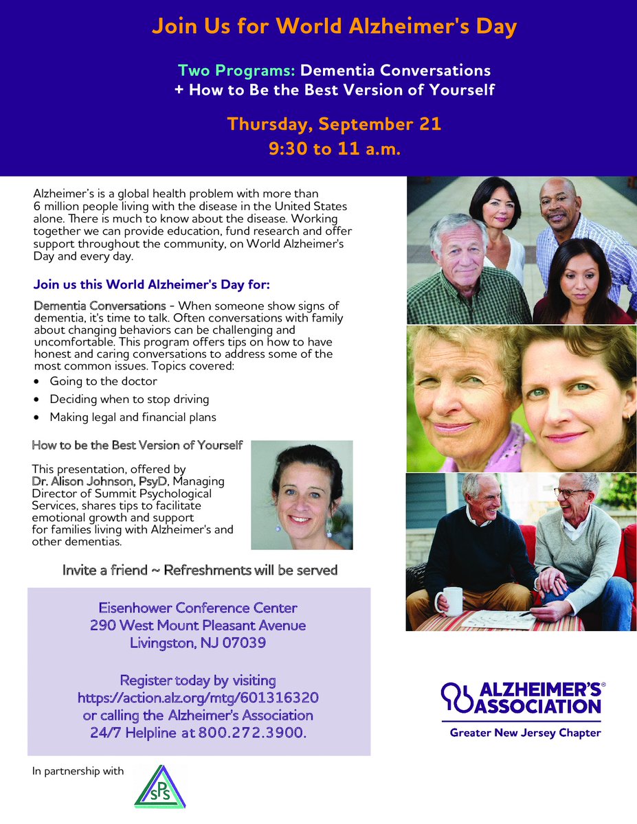 Join us on September 21, 2023 from 9:30-11am, for unique talks presented by Cheryl Ricci-Francione, of the Alzheimer's Association &amp; Dr. Alison Johnson of SPS. This free event is open to  professionals, families, people with Alzheimer's &amp; caregivers. #dementia #AlzheimersDisease