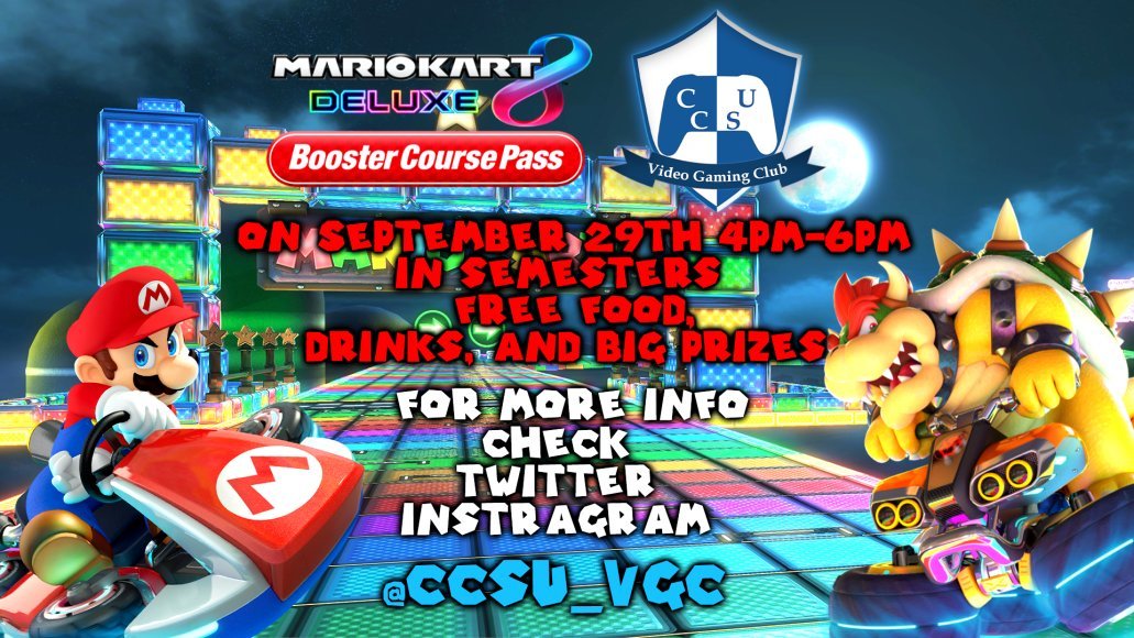 CCSU_VGC's tweet photo. We are hosting a very much anticipated MARIOKART8 TOURNAMENT here at CCSU!!! Join us at Semesters on Friday, Sept. 29th (4pm-6pm) where free food + drinks will be included. Not to mention BIG PRIZES. Follow our page for more information and updates on future events! 🔥📷 https://t.co/tKyqPOk8To