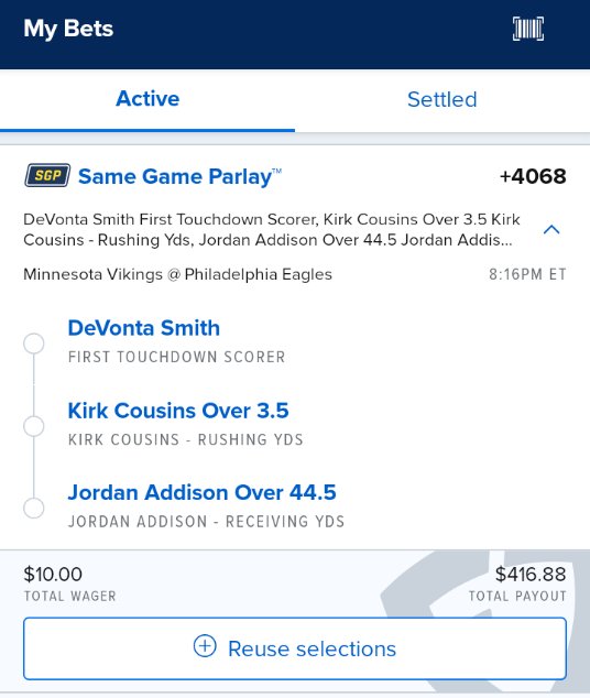 SITDPicks's tweet photo. With week 2 kicking off tonight, let's take advantage of @FDSportsbook No Sweat bet up to $10.  Devonta Smith at +1000 seems like easy money to start off the parlay. I believe Philly's Dline will flush Cousins out for at least a 5yd scramble and Addison over should be a 🔒! https://t.co/UOikI9J4O3